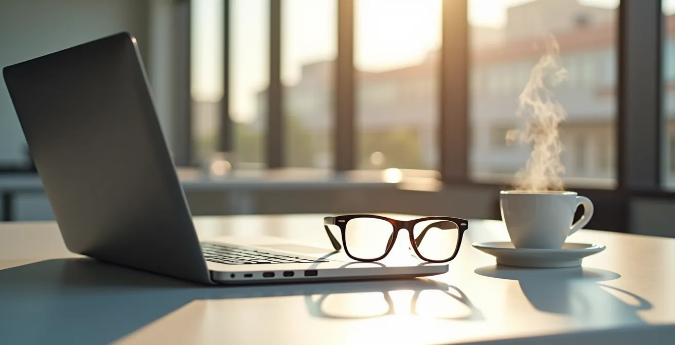 Vue environnementale d'un bureau moderne avec lunettes Ray-Ban posées