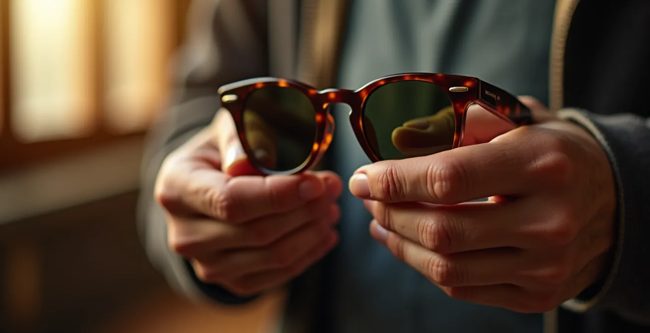 Mains tenant délicatement une paire de Ray-Ban Wayfarer vintage
