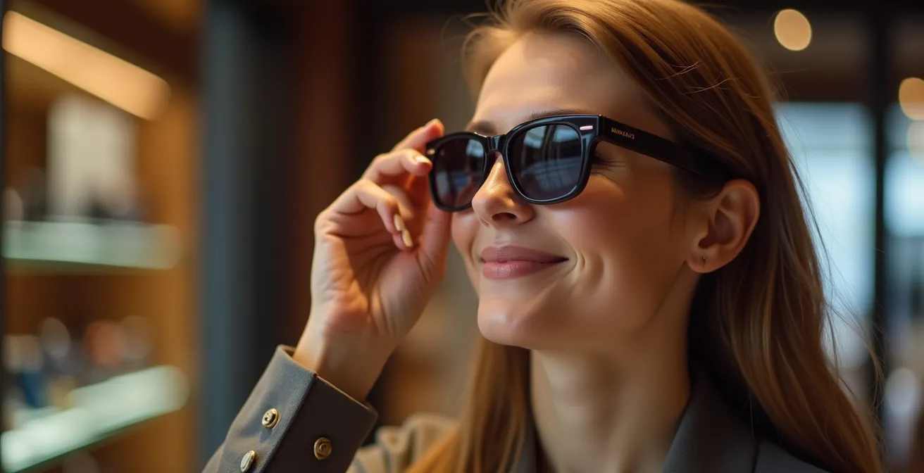 Personne essayant des lunettes Ray-Ban dans un environnement premium