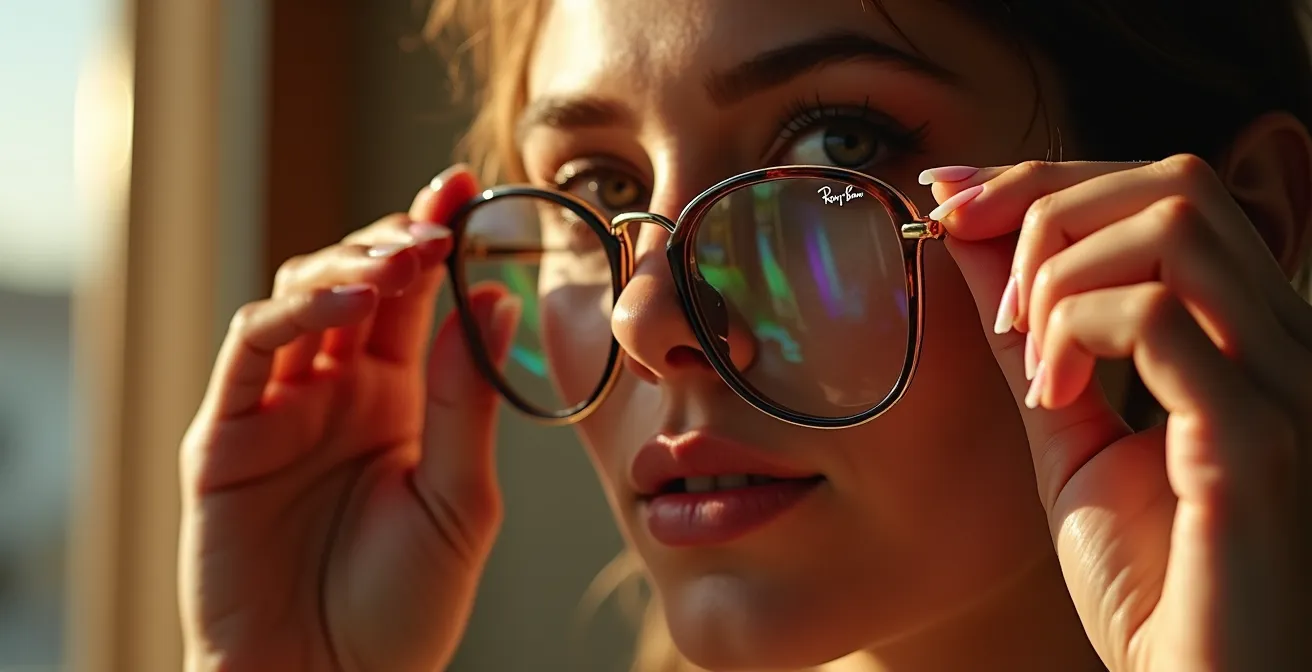 Main tenant délicatement une paire de Ray-Ban avec reflets lumineux